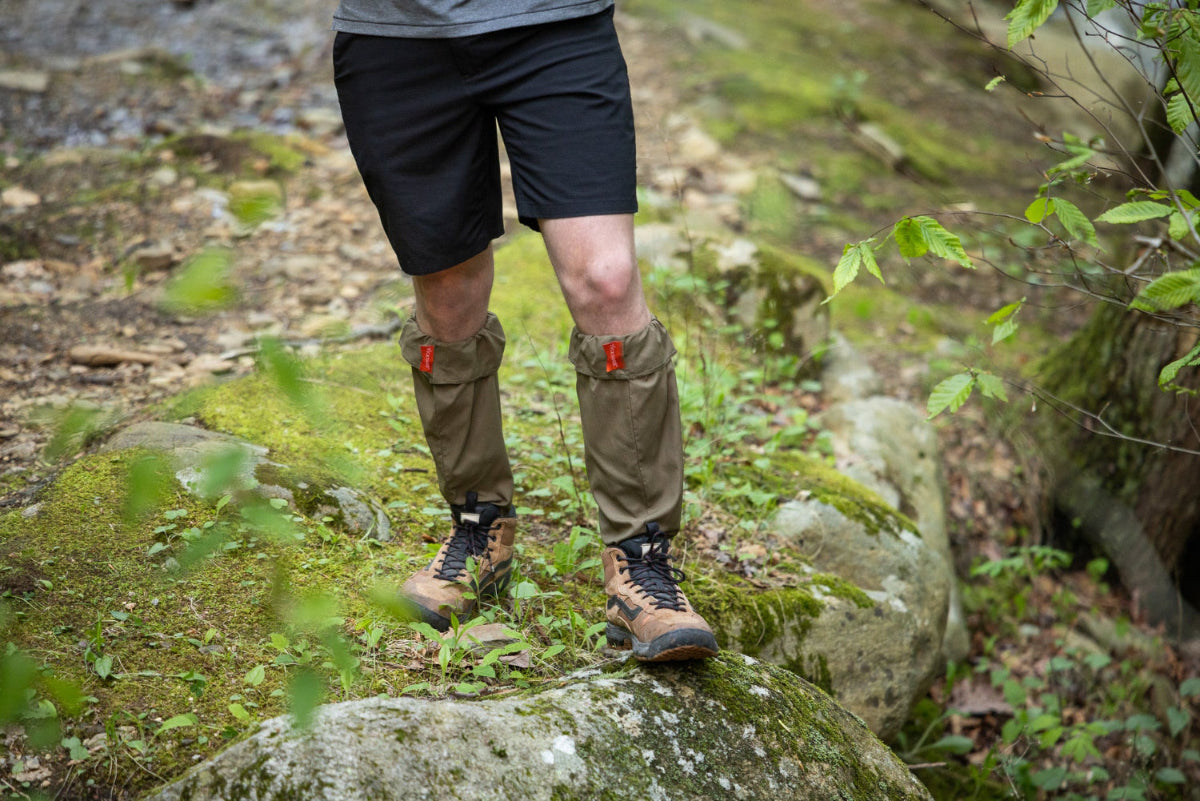 Ticktogs being worn in hiking boots with shorts