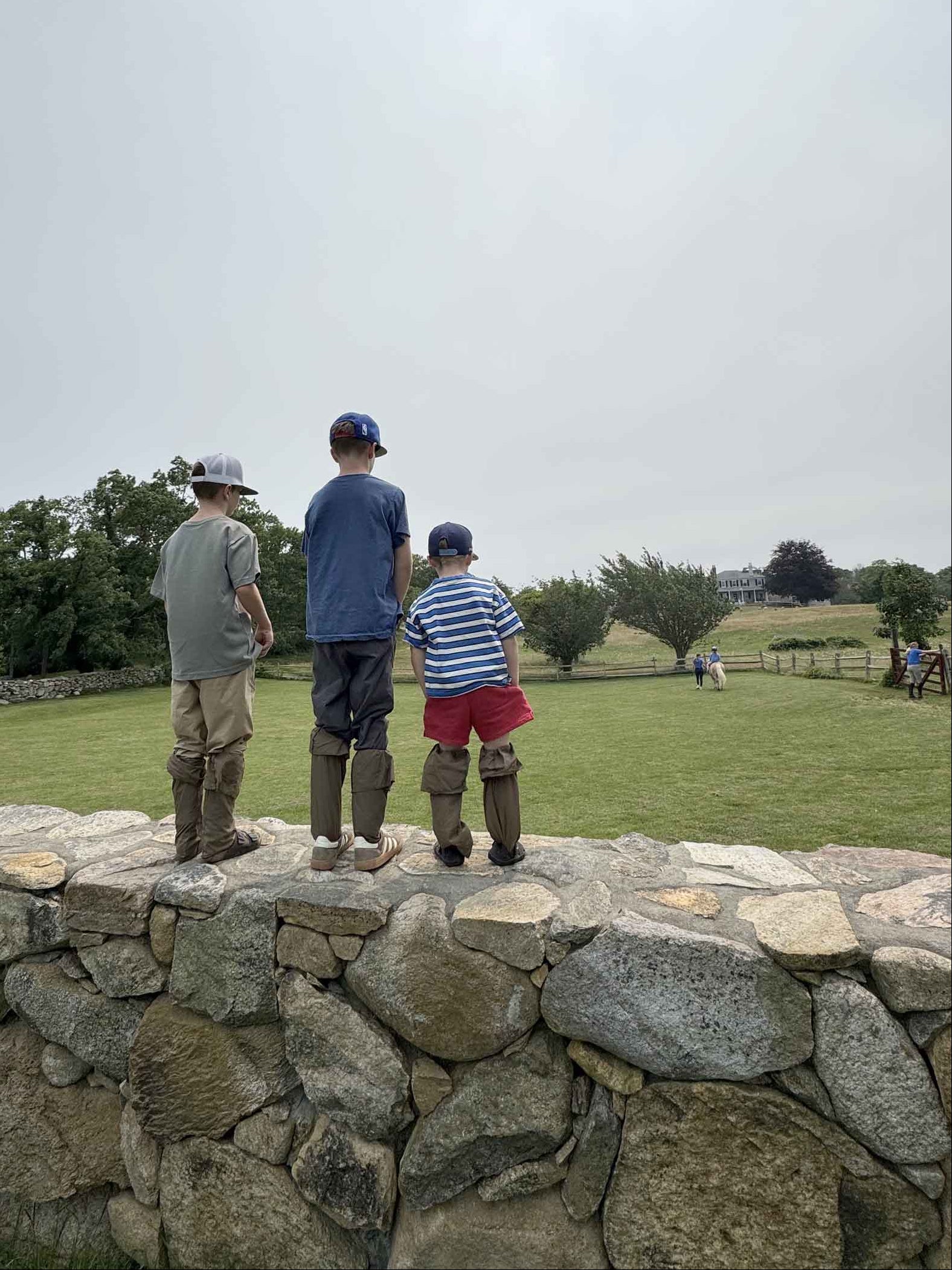 Three young boys wearing Ticktog oversocks standing on a stone wall overlooking a grassy field watch horseback riding