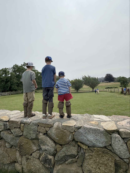Three young boys wearing Ticktog oversocks standing on a stone wall overlooking a grassy field watch horseback riding